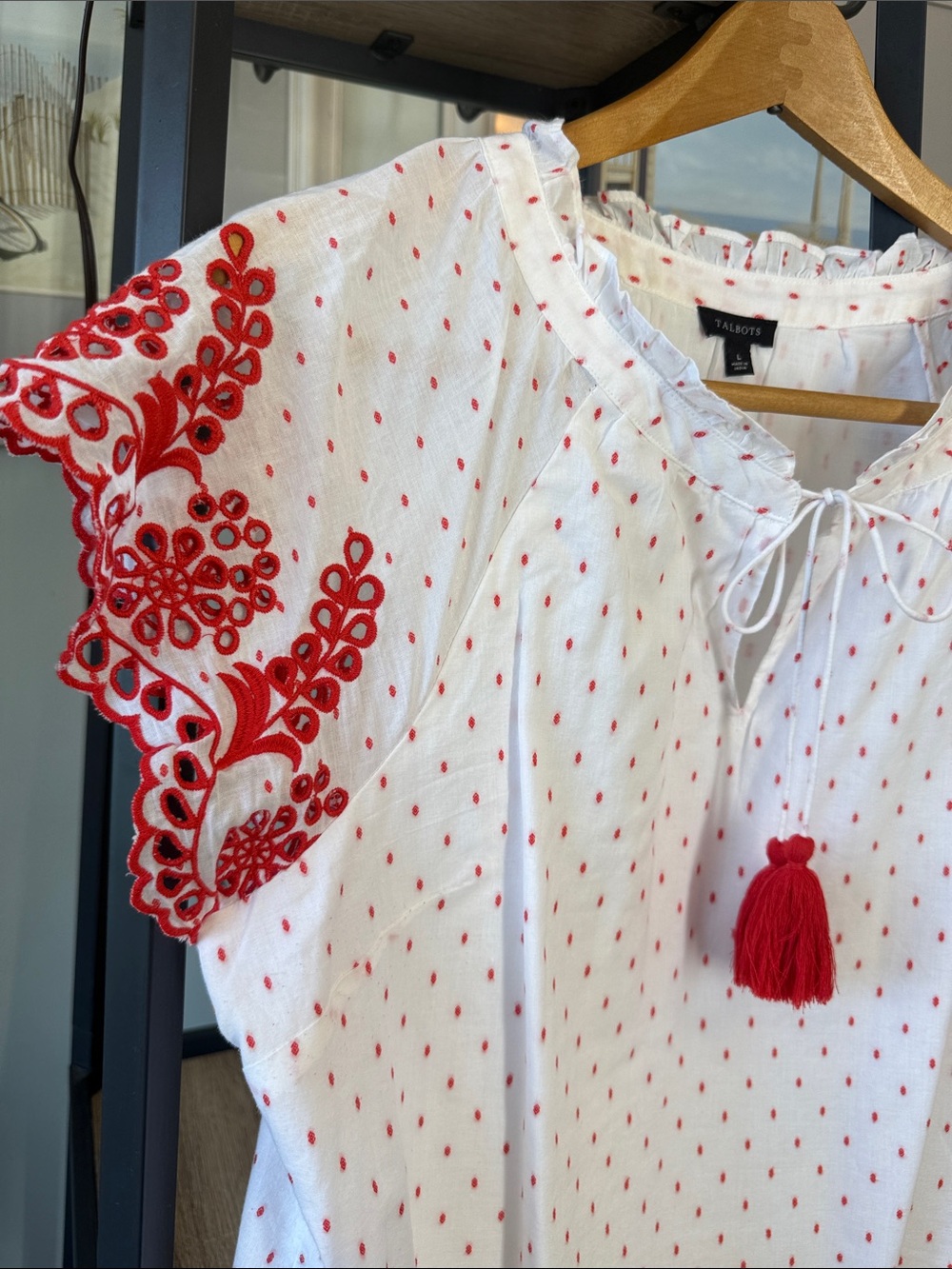 Talbots White Peasant Blouse with Red Embroidery and Tassel - Picture 2 of 5